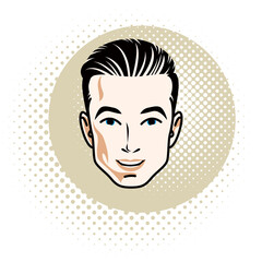 Man face, human head. Vector character, handsome brunet male with stylish haircut.