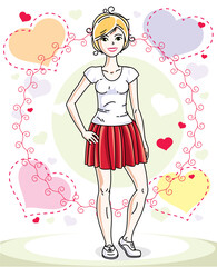 Attractive young blonde woman adult standing on colorful backdrop with Valentine romantic hearts in casual clothes. Vector human illustration.