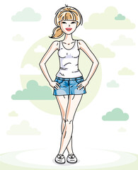Beautiful young blonde woman standing on background with blue heavens clouds and wearing fashionable casual clothes. Vector human illustration.