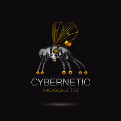 Cybernetic robot mosquito logo icon. Vector steampunk animal. Futuristic vintage insect monster illustration. Text lettering on black background. Nano technology symbol. Silver golden mettalic gears