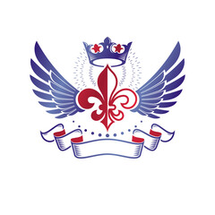 Obraz premium Victorian emblem composed using lily flower and monarch crown. Royal quality award vector design element, business label.