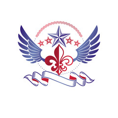 Retro winged vintage Insignia created with lily flower and pentagonal stars. Vector product quality idea design element, Fleur-De-Lis.