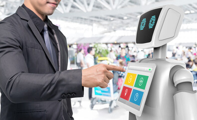 Robotics Trends technology business concept. Man suit point finger to Autonomous personal assistant robot for navigation direction in airport blur background. 3D rendering