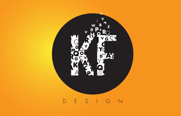 KF K F Logo Made of Small Letters with Black Circle and Yellow Background.