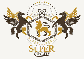 Luxury heraldic vector emblem template. Vector blazon created using graceful Pegasus, wild lion and security keys.