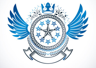 Winged classy emblem, vector heraldic Coat of Arms created using monarch crown, pentagonal stars and laurel wreath