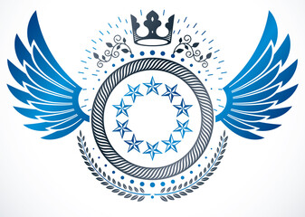 Winged classy emblem, vector heraldic Coat of Arms created using monarch crown, pentagonal stars and laurel wreath