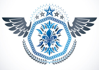Vintage vector design element. Retro style winged label decorated using lily flower, pentagonal stars and laurel wreath