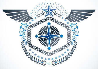 Vintage vector winged design element. Retro style label made with pentagonal stars and laurel wreath.