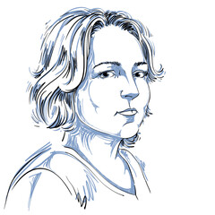 Hand-drawn portrait of white-skin pensive woman with short hair, face emotions theme illustration. Beautiful lady posing on white background. Caucasian type of person.