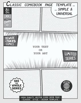 Free space Comic book page template. Comics layout and action with speed lines,
 halftone background and other elements.