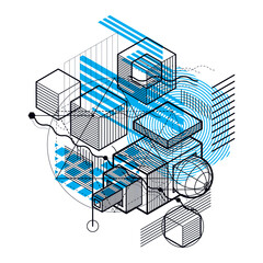 Abstract isometrics background, 3d vector layout. Composition of cubes, hexagons, squares, rectangles and different abstract elements.