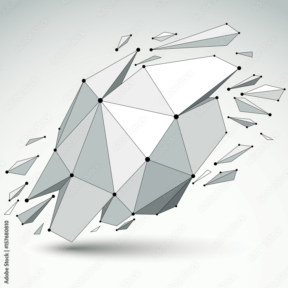 Poster abstract vector low poly wrecked object with black lines and dots connected. 3d origami futuristic f