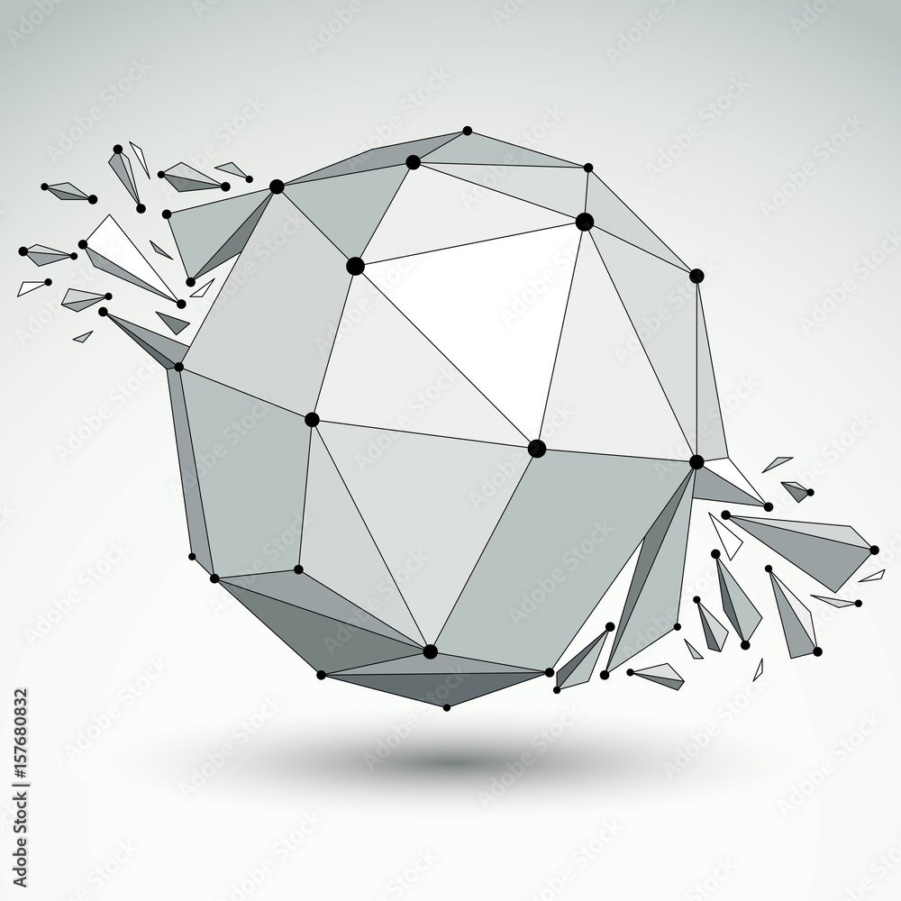 Poster 3d vector digital wireframe spherical object broken into different particles and refractions, geomet