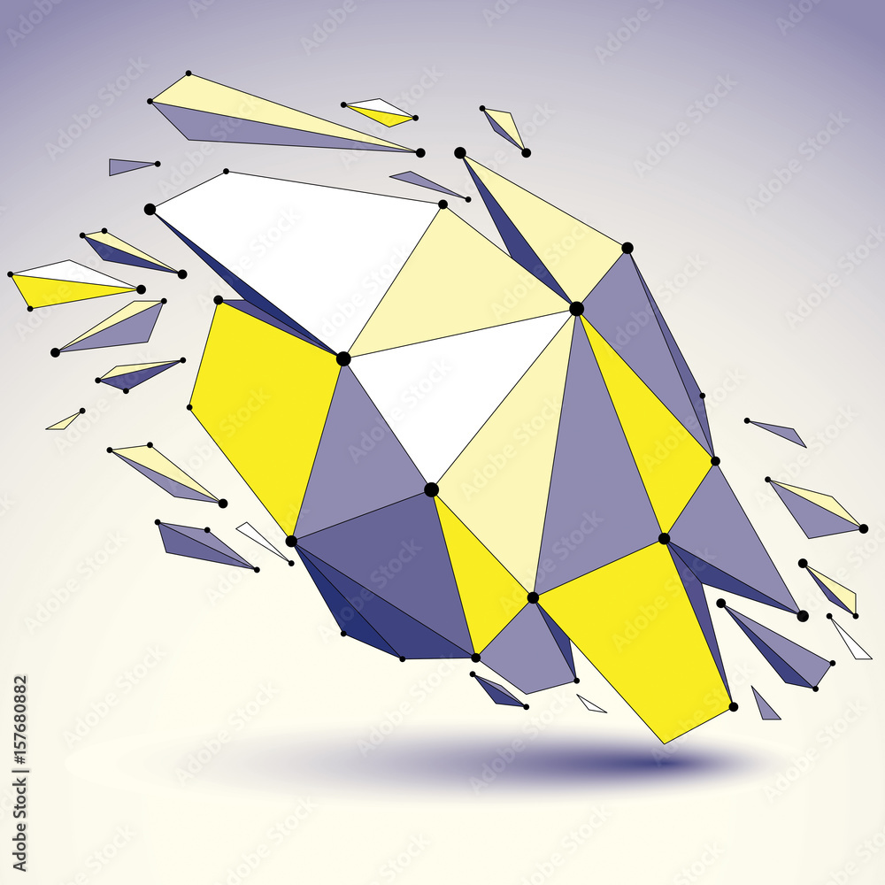 Poster 3d vector low poly object with black connected lines and dots, geometric wireframe shape with refrac