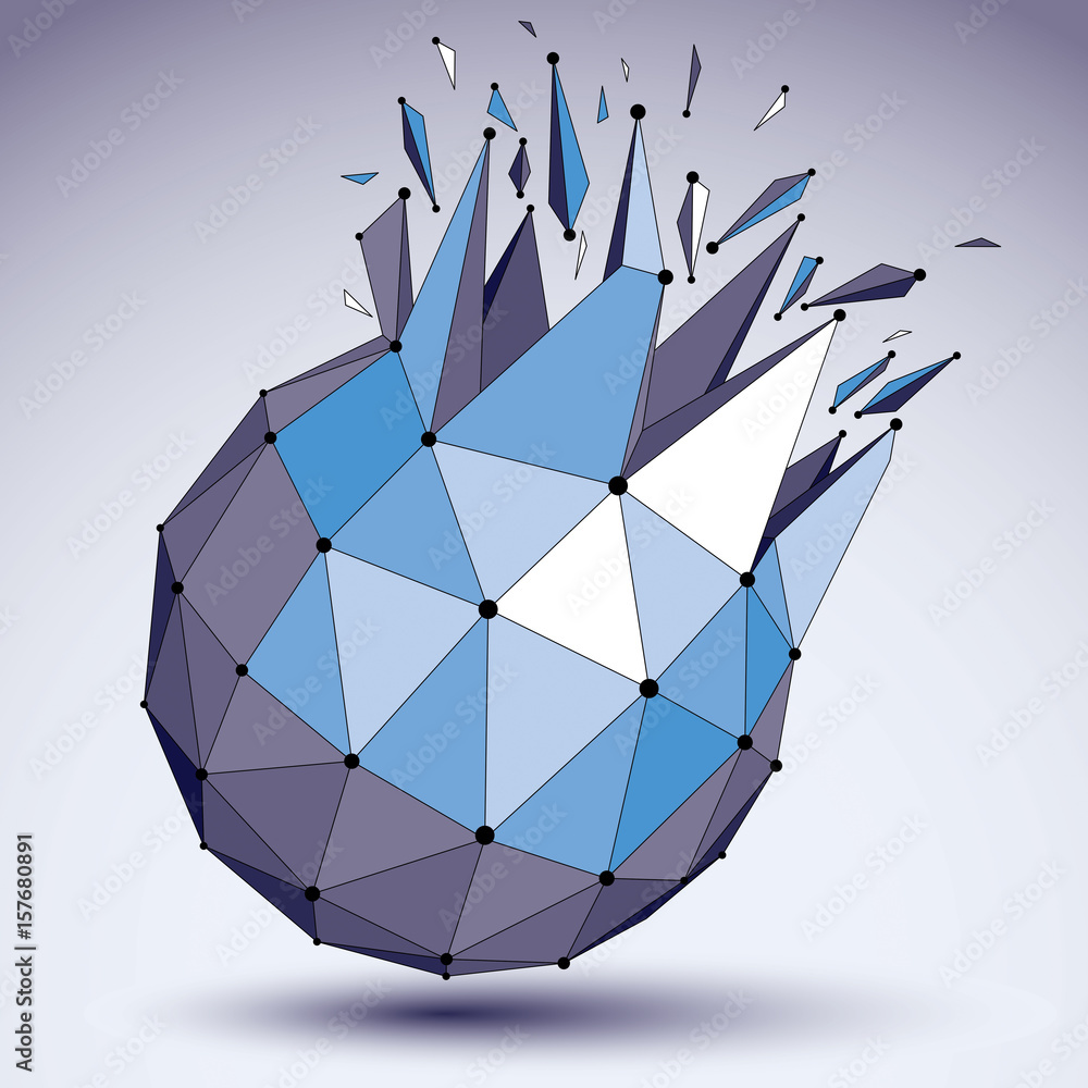 Poster vector dimensional wireframe object, spherical demolished shape with refractions and wreckage. 3d me