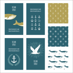 Set of nautical greeting cards and seamless patterns. Whales, anchors and seagulls symbols. Vector.