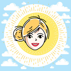 Woman face, human head. Vector character, beautiful blonde female with stylish haircut.