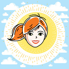 Beautiful women face, human head. Vector redhead character, attractive lady face features.