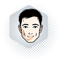 Vector illustration of handsome brunet male face, positive face features, clipart.