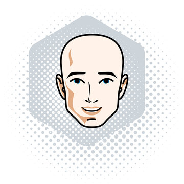 Caucasian man face expressing positive emotions, vector human head illustration.