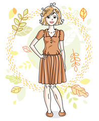 Happy pretty young blonde woman standing on background of autumn landscape and wearing fashionable casual clothes. Vector character.