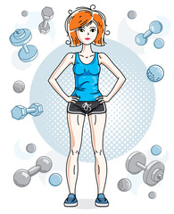 Young beautiful red-haired sporty woman standing on simple background with dumbbells and barbells. Vector character wearing shorts and T-shirt. Sport and fitness theme.