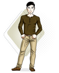 Happy brunet young adult man standing. Vector character wearing casual clothes like jeans and sweatshirt.