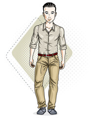 Happy brunet young adult man standing. Vector character wearing casual clothes like jeans and cotton shirt.