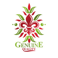 Fototapeta premium Vintage heraldic vector logotype made using lily flower royal symbol with beautiful blossom. Eco friendly product symbol, king quality theme illustration.