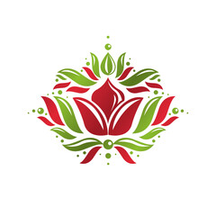 Vintage heraldic vector emblem created with lily flower royal symbol. Eco product symbol, organic and healthy food theme illustration.