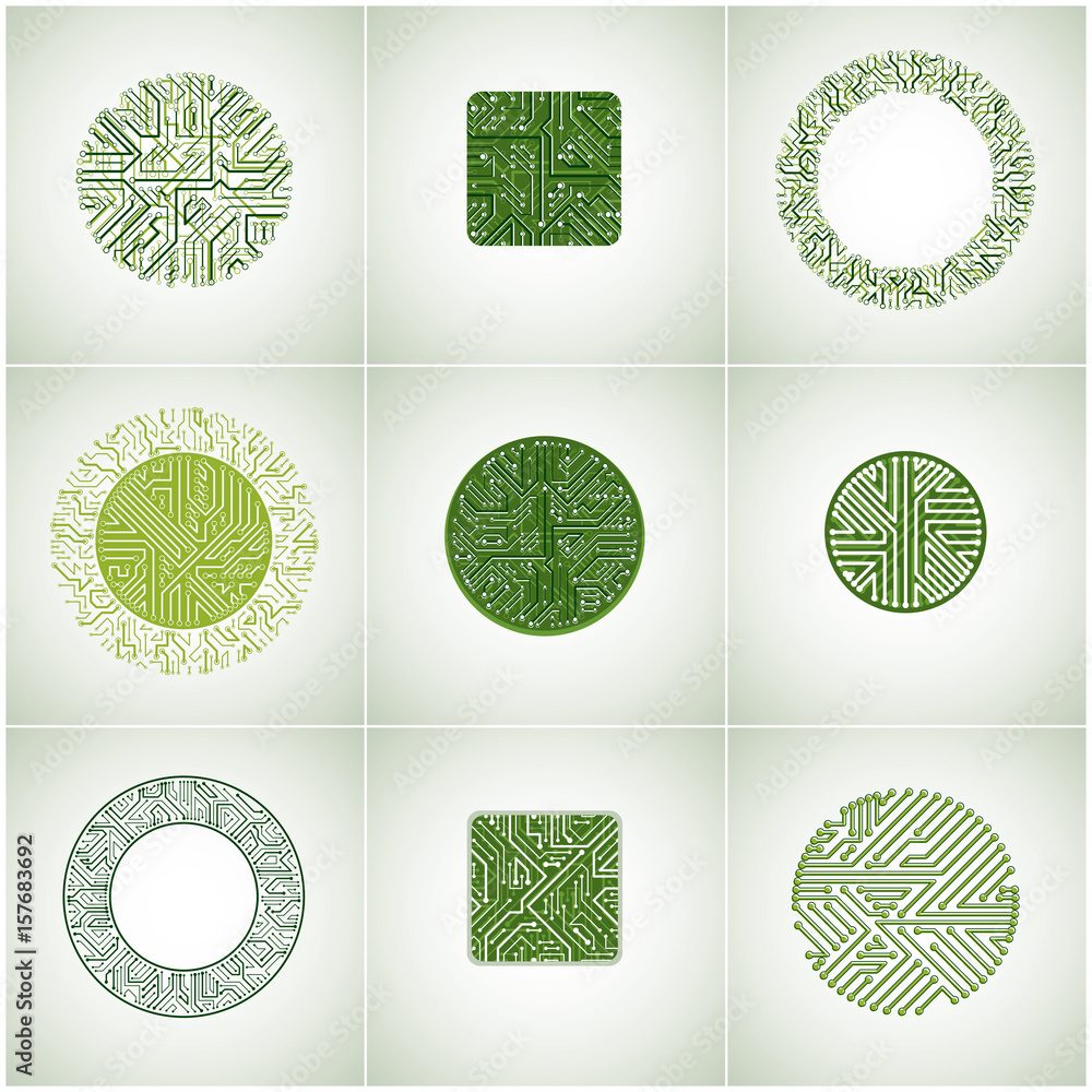 Poster collection of vector microchip designs, cpu. information communication technology elements, circuit 