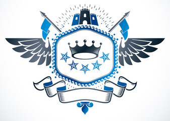 Vector emblem made in vintage heraldic design. Winged vector blazon composed with medieval castle, imperial crown and pentagonal stars.