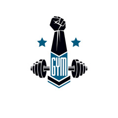 Gym weightlifting and fitness sport club logo, retro style vector emblem. With barbell and strong hand fist.