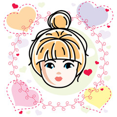 Vector illustration of beautiful blonde girl face, positive face features, romantic style clipart.
