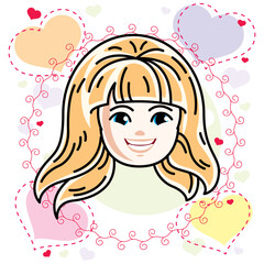 Cute girls face, human head. Vector blonde character, smiling girl face features.