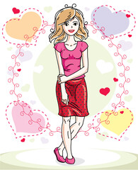 Young beautiful blonde woman adult standing on colorful background with Valentine hearts in modern casual clothes. Vector nice lady illustration.
