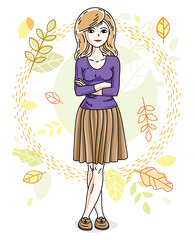 Attractive young blonde woman standing on background of autumn landscape and wearing stylish casual clothes. Vector human illustration.