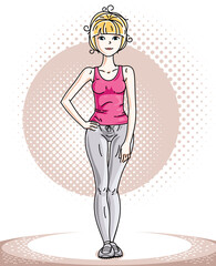 Young beautiful blonde slim woman adult standing. Vector illustration of nice lady wearing pink T-shirt and leggings. Work out and training theme.