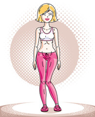 Young beautiful blonde slim woman adult standing. Vector illustration of nice lady wearing pink leggings and short shirt. Work out and training theme.