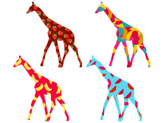 Giraffe with a pattern of berries and fruit isolated on a white background. Bananas, strawberries and watermelon. Vector illustration