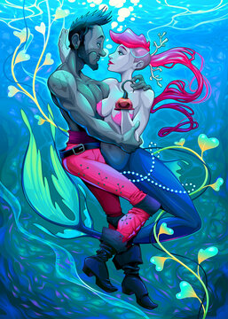 Impossible. Mermaid with pirate under the water.