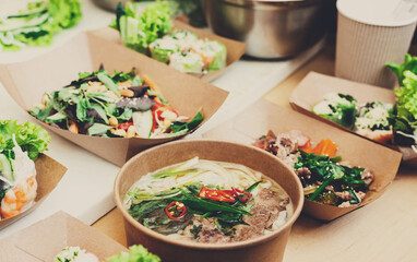 Street vendor's salads, closeup of snacks in craft package