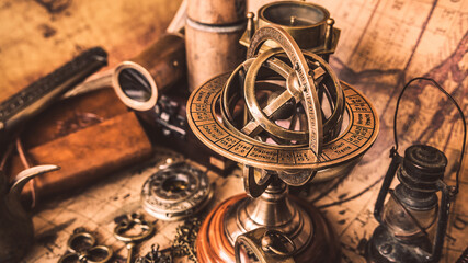 Antique Brass Sundial  Magnetic Compass On Ancient World Map