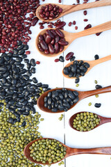 Assortment of beans and lentils in wooden spoon