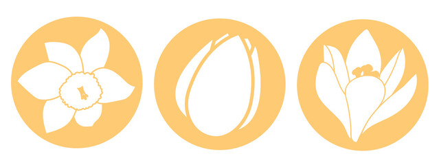 Spring flower icon. White narcissus, tulip and crocus flowers. Orange round circle flat icons. Vector illustration