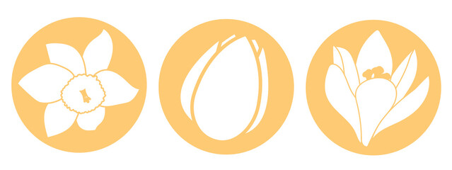 Spring flower icon. White narcissus, tulip and crocus flowers. Orange round circle flat icons. Vector illustration