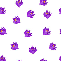 Beautiful seamless pattern with hand drawn decorative crocus flowers. Flowers of same small sizes. Vector illustration