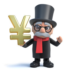 3d Funny cartoon lord in top hat character holds Japanese Yen symbol