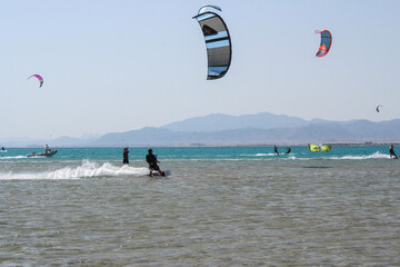 Kiteboarding Kitesurfing on Beach , Soma bay Egypt Summer Sunny Day